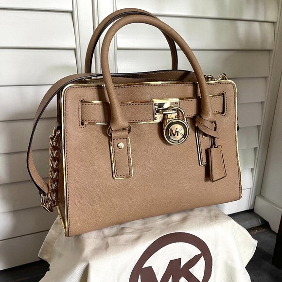 *GREAT CONDITION* Michael Kors Hamilton Saffiano Leather Medium Satchel in Khaki - Picture 3 of 14